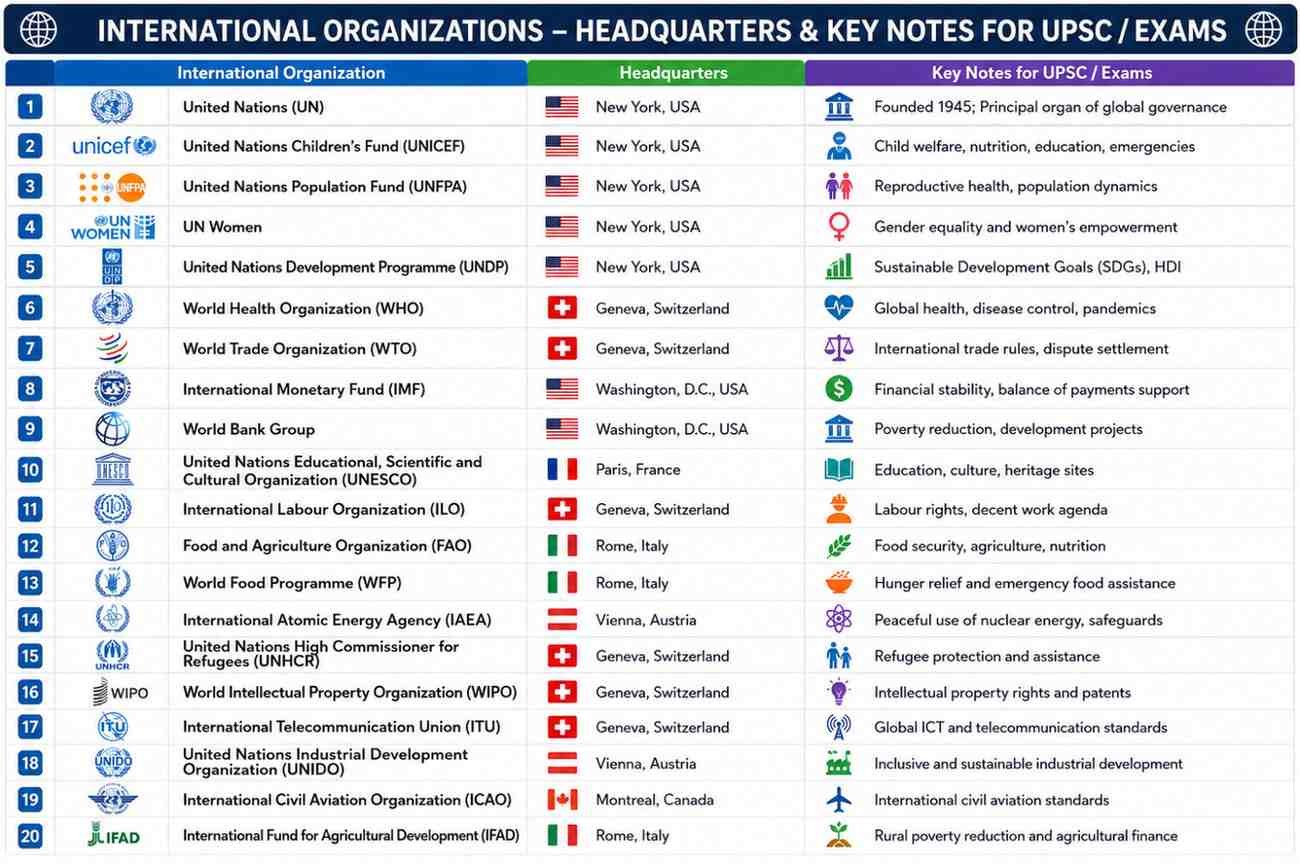 International Organizations and Their Headquarters for UPSC & State PSC Exams: Complete 2026 Guide